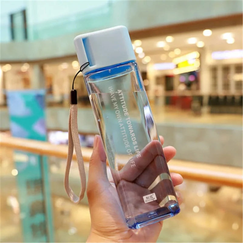 New Square Frosted Plastic Water Bottle Portable Transparent Bottle Fruit Juice Leak-Proof Outdoor Sport Travel Camping Bottle Clear