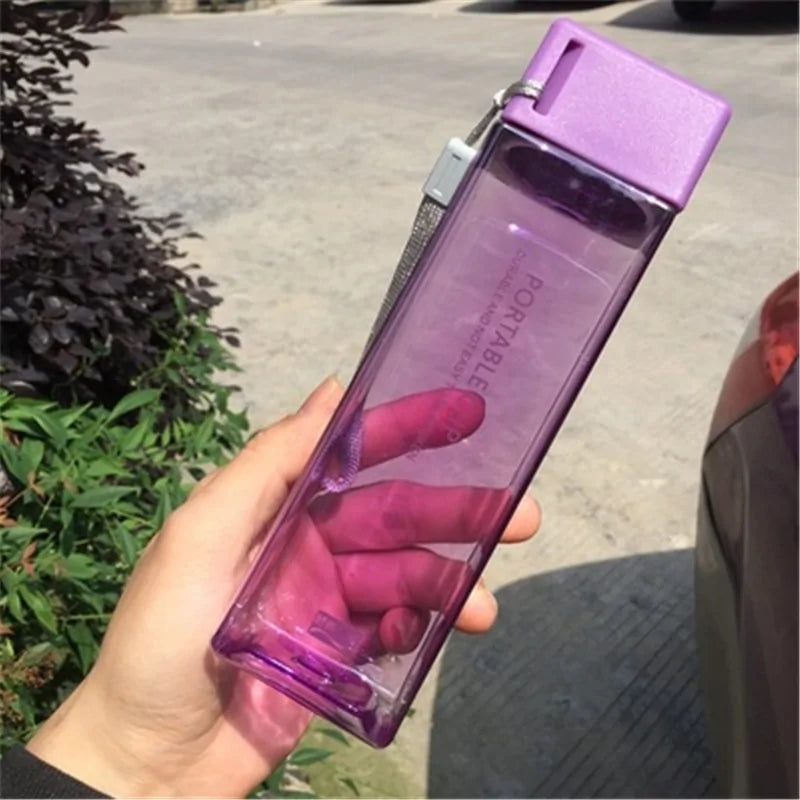 New Square Frosted Plastic Water Bottle Portable Transparent Bottle Fruit Juice Leak-Proof Outdoor Sport Travel Camping Bottle Clear