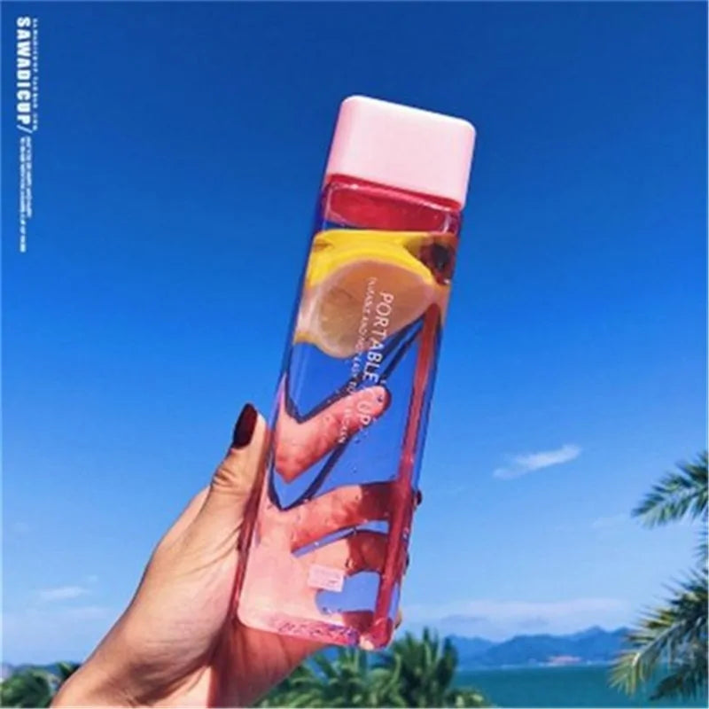 New Square Frosted Plastic Water Bottle Portable Transparent Bottle Fruit Juice Leak-Proof Outdoor Sport Travel Camping Bottle Clear