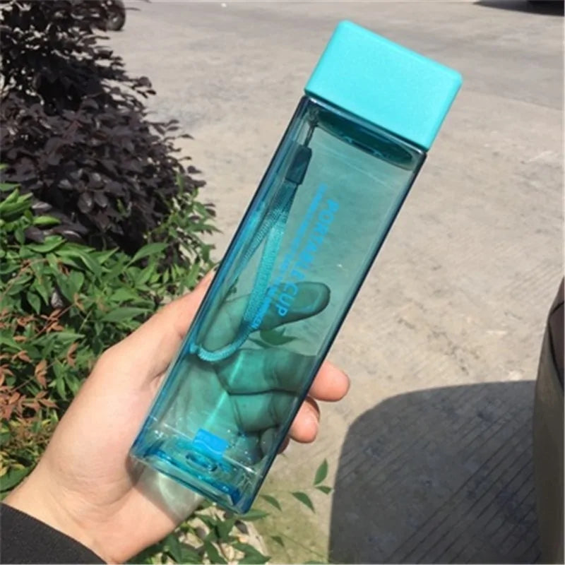 New Square Frosted Plastic Water Bottle Portable Transparent Bottle Fruit Juice Leak-Proof Outdoor Sport Travel Camping Bottle Clear