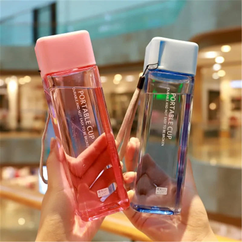 New Square Frosted Plastic Water Bottle Portable Transparent Bottle Fruit Juice Leak-Proof Outdoor Sport Travel Camping Bottle Clear