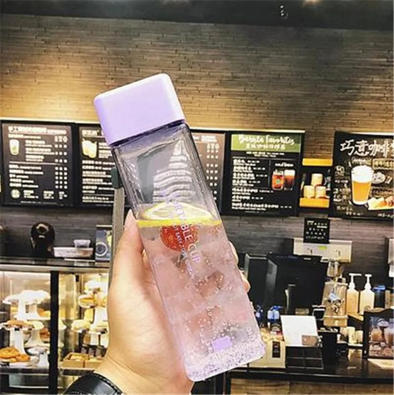 New Square Frosted Plastic Water Bottle Portable Transparent Bottle Fruit Juice Leak-Proof Outdoor Sport Travel Camping Bottle Clear