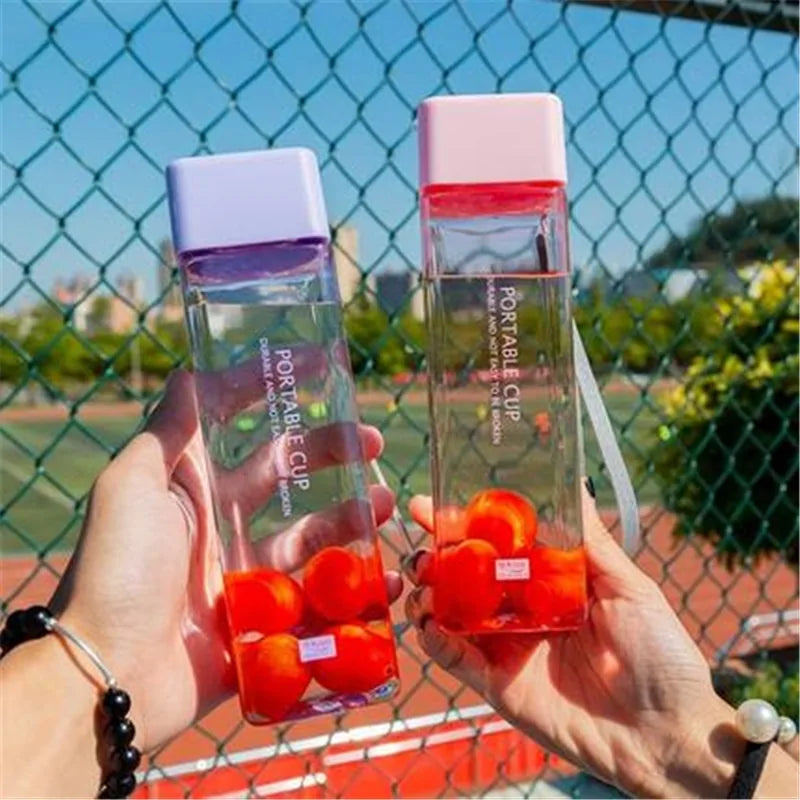 New Square Frosted Plastic Water Bottle Portable Transparent Bottle Fruit Juice Leak-Proof Outdoor Sport Travel Camping Bottle Clear